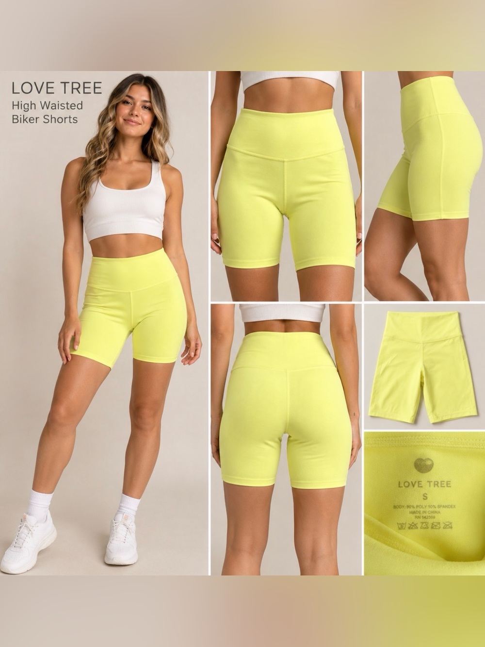 Love Tree Neon Yellow High Waisted Biker Shorts Stretch Size Small